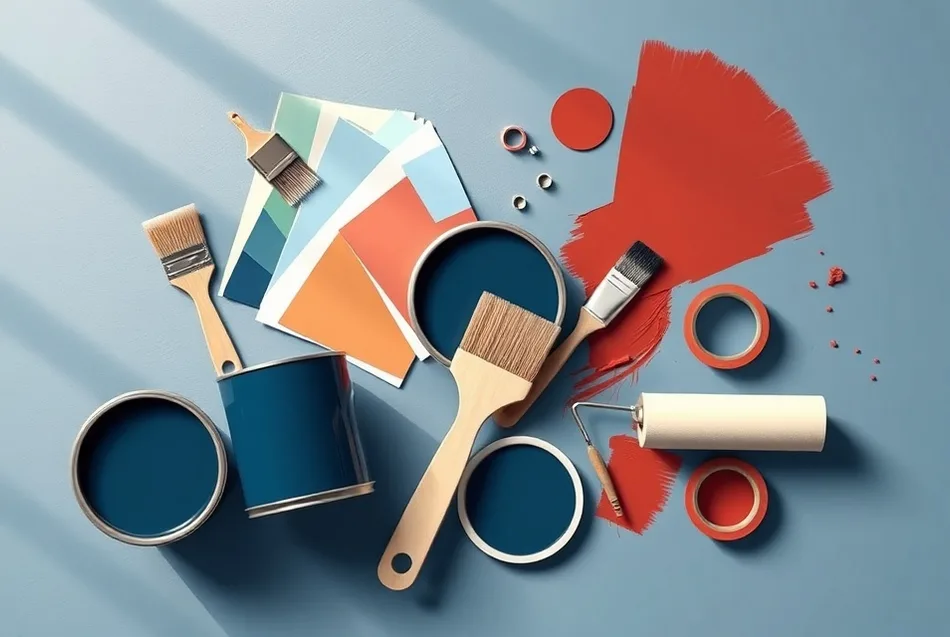 Pots de peinture, nuancier, brosses et rouleaux disposés à plat