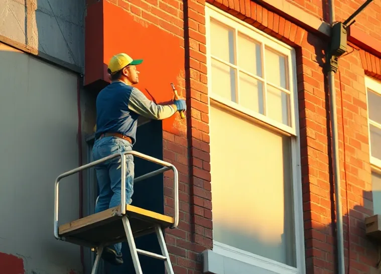 Peintre sur échafaudage traitant la façade d'une maison